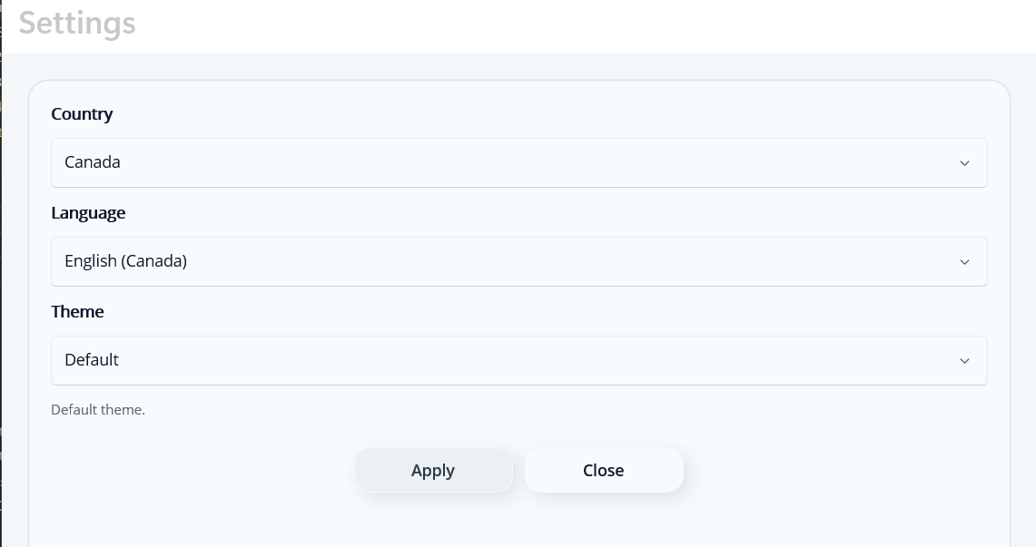 Cube 16 configuration screen - Country, Language, Theme